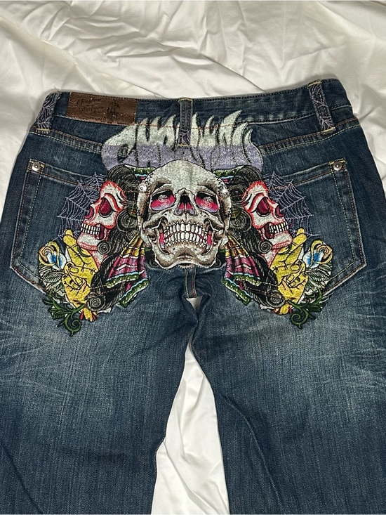 Christian Audigier Denim - Vintage Y2K Christian Audigier Triple Skull Embroidered Bootcut Jeans W30 L34